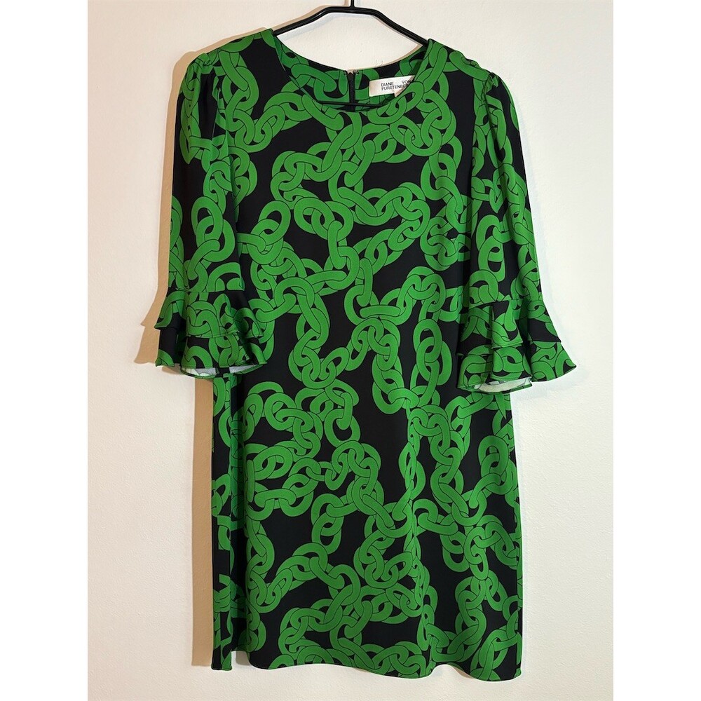 Diane von Furstenberg Louise Dress Womens M Green Chain Print Shift Mini